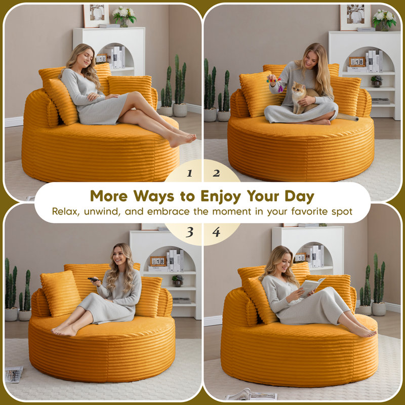 53" Oversized Compression Round Accent Chair – Plush Corduroy Upholstery Chaise Longue Chair Indoor, Yellow