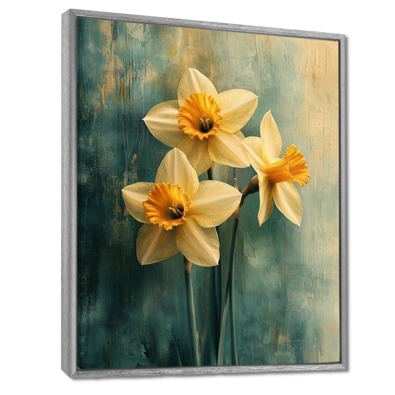«Daffodil Radiance In Pastels Impressionist I» - jonquilles, art mural, H 40 po x l 30 po, Reproduction avec cadre flottant