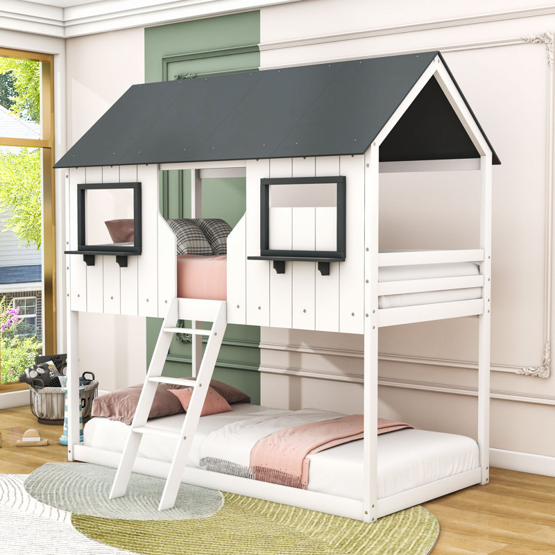 Twin Over Twin Wood Bunk Bed With Guardrails And Ladder, Playhouse Design, White