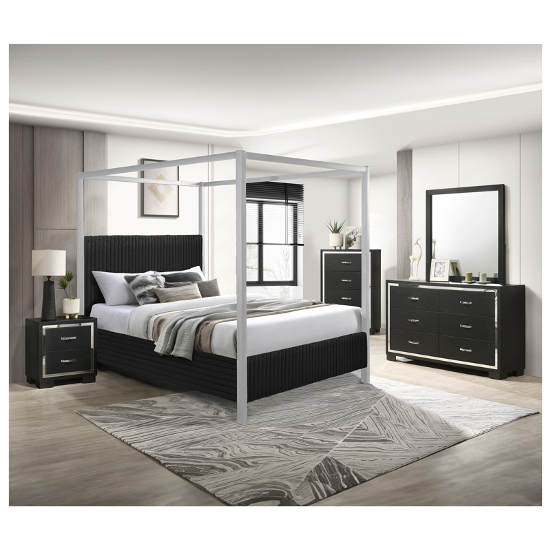 Grand lit à baldaquin moderne avec tête de lit, capitonnage vertical doux et mobilier de chambre élégant