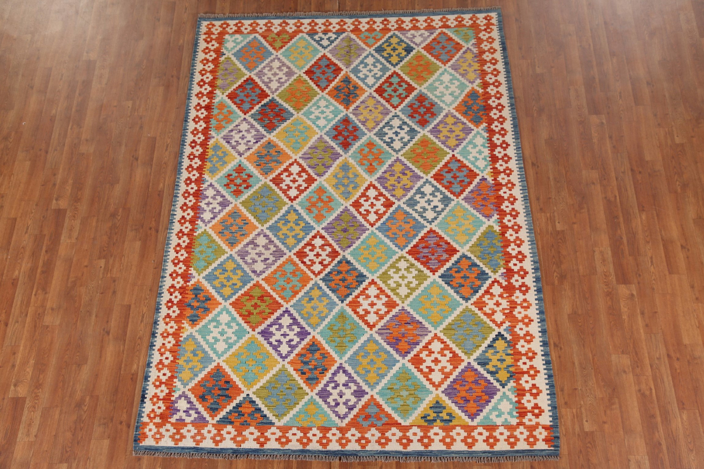 Dakota Fields Geometric Trellis Kilim Reversible Wool Area Rug 7x9 ...