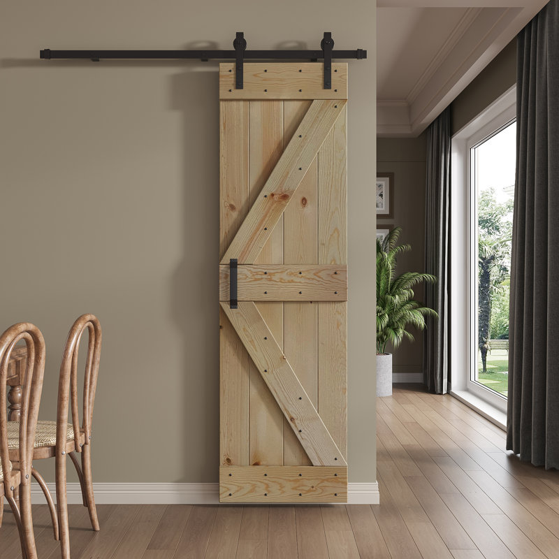 Unfinished Pine Wood Sliding Barn Door with Black Hardware Kit
