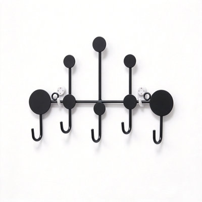 Patère murale en métal noir, 5 crochets, porte-clés décoratif pour entrée, fixation murale sans perçage avec 2 crochets adhésifs sans clous, idéale pour la chambre, la salle de bain ou une décoration de style campagnard.