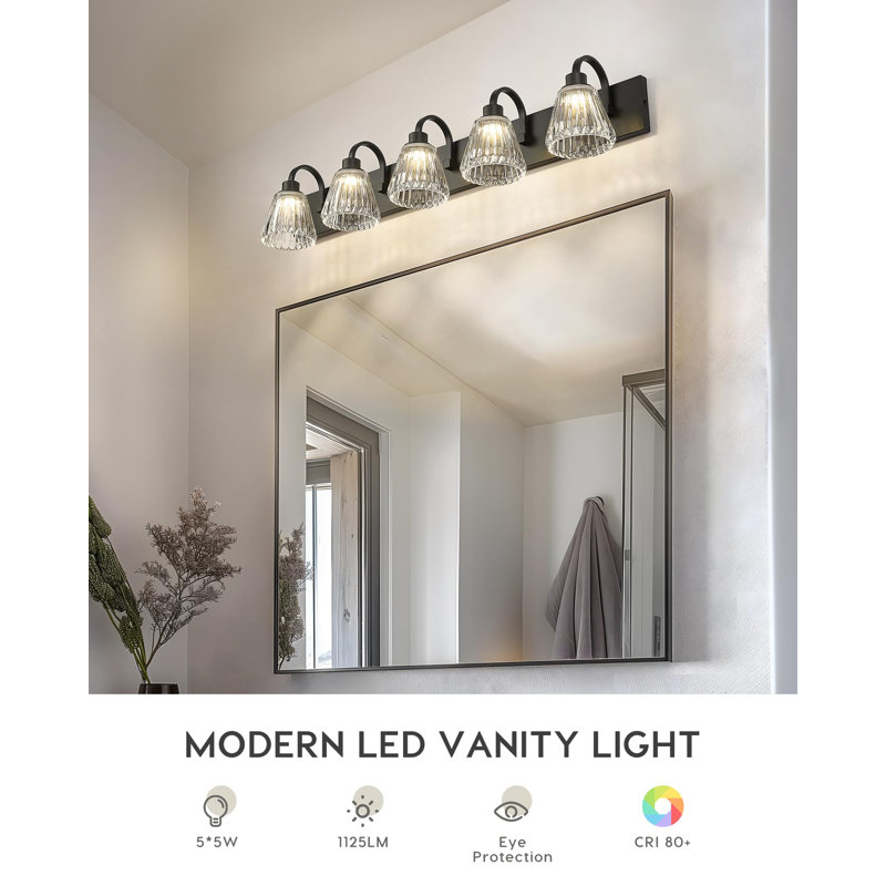 5 - Light Dimmable LED Vanity Light, Fluted Ripple Glass Shade, Industrial Vanity Lighting Fixtures, Black