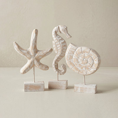 Hand-Carved Wooden Coastal Figurines Set of 3 — Starfish, Seahorse & Nautilus Shell Sculptures | Natural Pine Shelf Décor