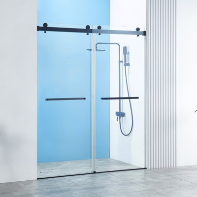 Porte de douche coulissante double l 56 à 60 po x H 76 po avec cadre en acier inoxydable noir facile à nettoyer