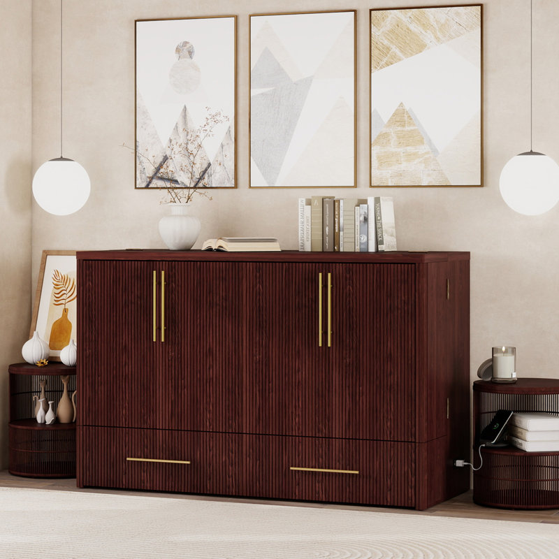 Grande armoire-lit escamotable en bois massif avec tiroir de rangement, station de charge intégrée, fini cerisier (matelas inclus)