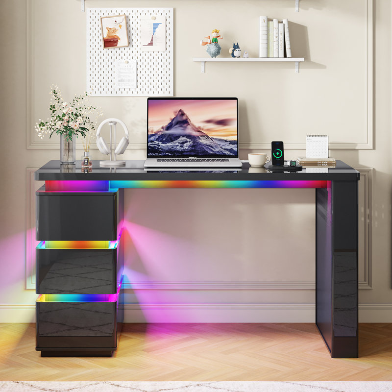 MDF Computer Desk with Built-In Electrical Outlet, Black