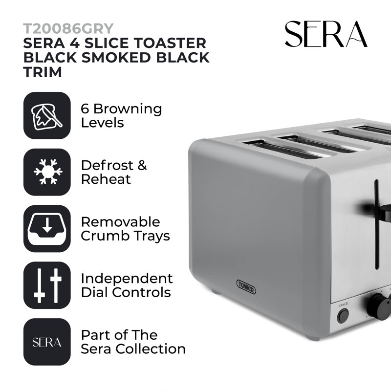 Tower Sera 4 Slice Toaster with 6 Browning and Defrost/Reheat/Cancel Functions, 1800W, Grey