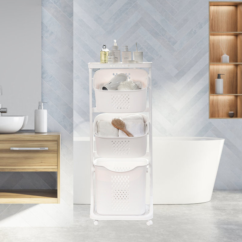 White 3-Tier Plastic Rolling Laundry Hamper with Wheels