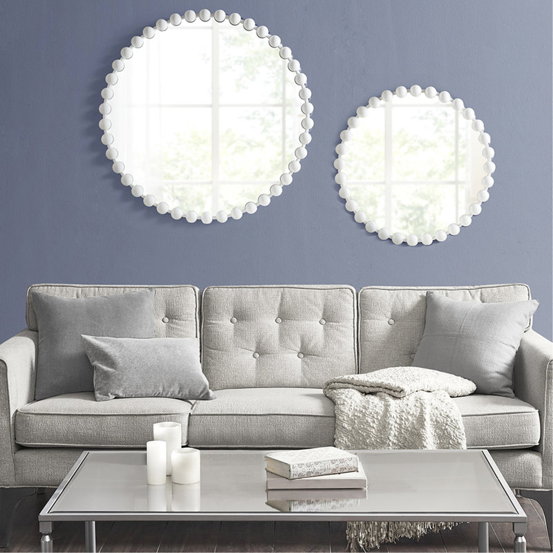 36"Diameter Beaded Round Wall Mirror - Iron Frame With White Matte Finish Beautiful Bead Detail Mirrored Glass On Keyhole For Hanging Plant Room Decor 36"D Elegant Beads Backing Easy Interior