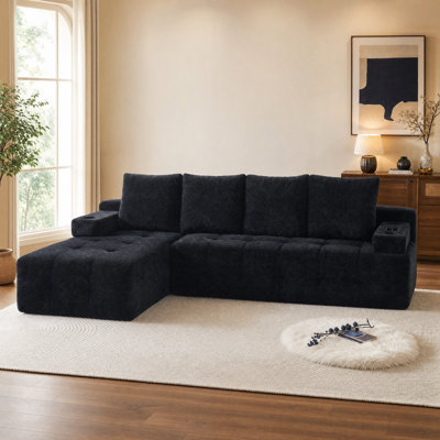 Canapé d'angle à compression, largeur 102,36 po, sans assemblage, revêtement modulable, canapé sans ossature avec méridienne réversible, en chenille noire.