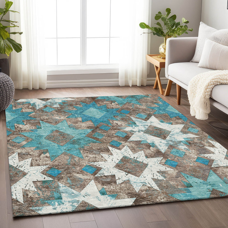 Machine Washable Indoor/Outdoor Xhevrie Teal Rug, Rectangle 9' x 12'