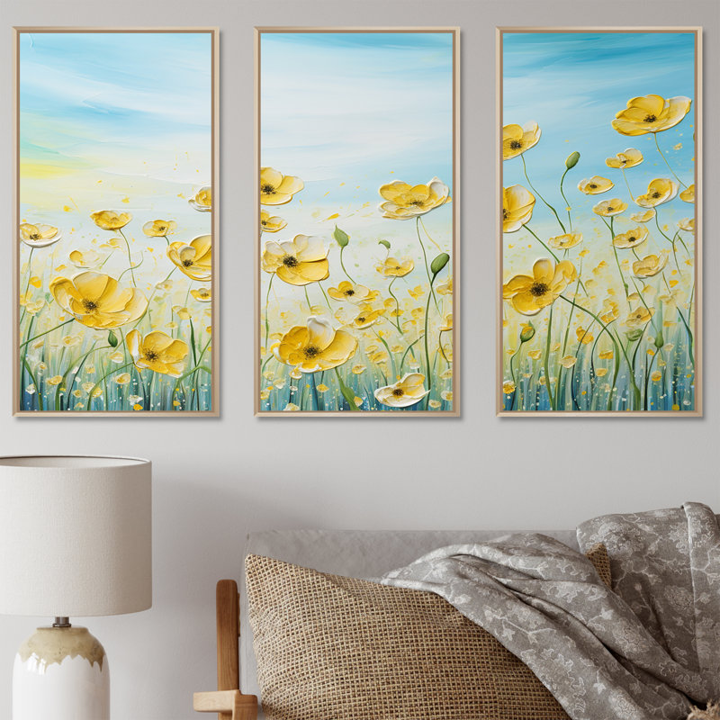 Buttercups Floral Array Field I - Ensemble de décoration murale champ de fleurs, Cadre naturel flottant