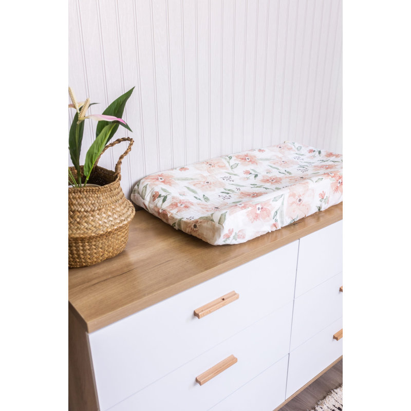 Pink Floral Nursery Change Pad Cover, Soft and Durable, Fits Standard Size, 32" L, Crane Baby