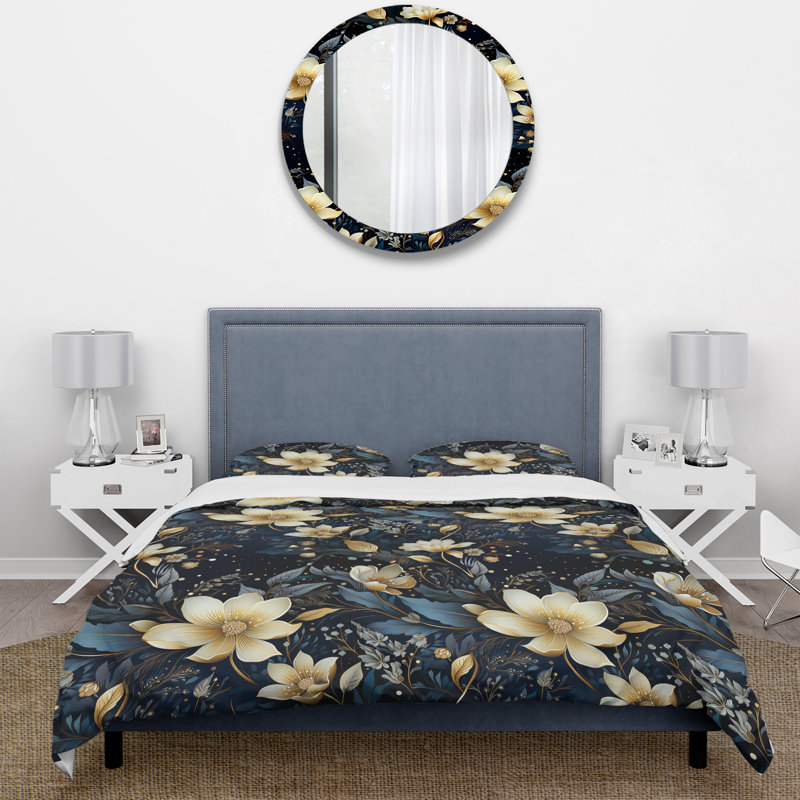 Golden Night Flowers Paisley II Floral Duvet Cover, Twin Duvet Cover + 1 Standard Sham