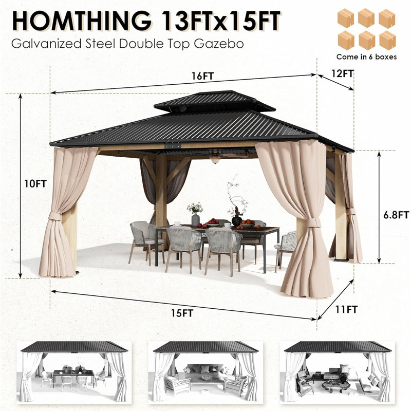 13'x15' Patio Solid Wood Outdoor Hardtop Gazebo with Double Steel Roof, 13"x 15"