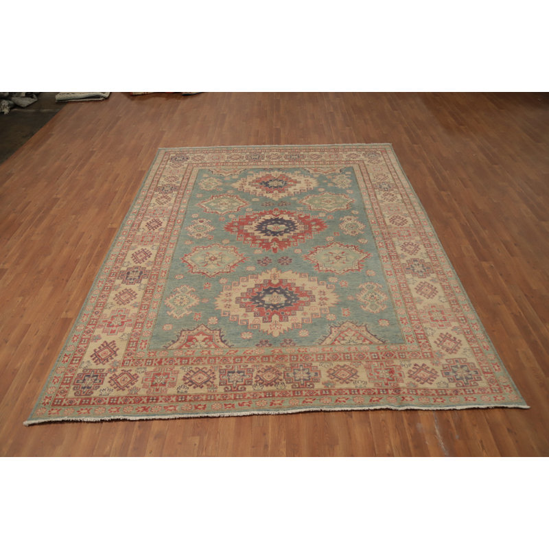 Tapis bleu géométrique à teinture de légumes Kazak 8 x 10