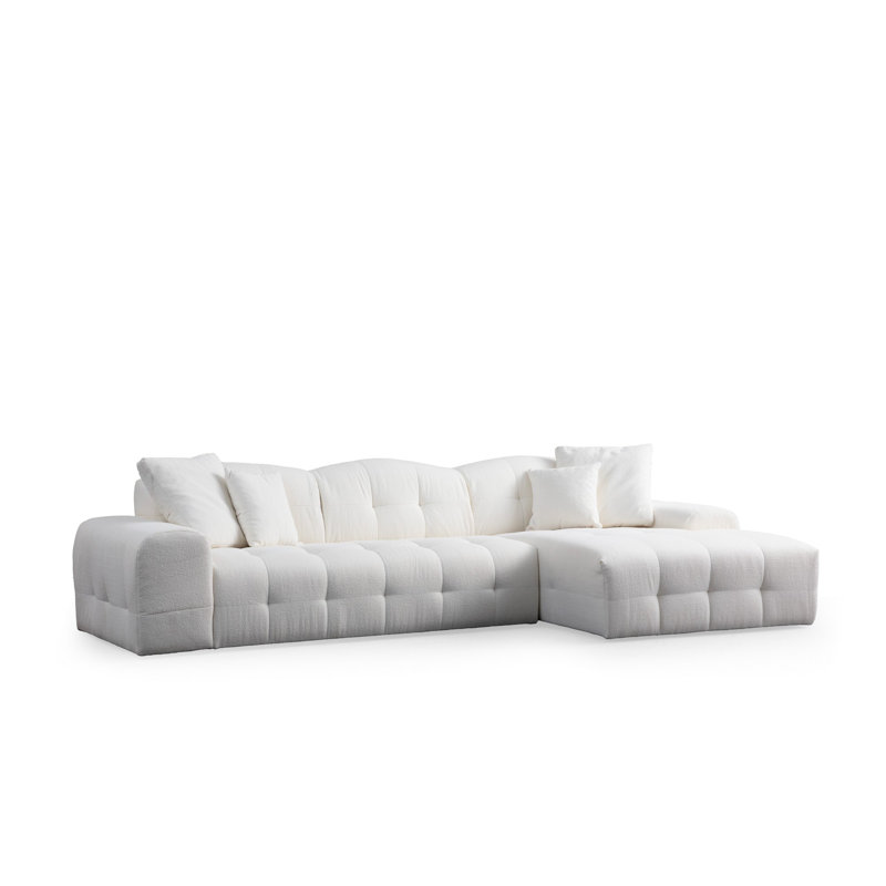 Élégant canapé d'angle, blanc, 124,8 po x 65,0 po x 32,7 po | Structure en bois de hêtre robuste et en carton, tissu 100% polyester | Dossier en mousse et en plumes gris doux, 3 coussins inclus | Design moderne pour le confort du salon