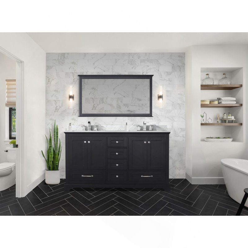 Meuble-lavabo double espresso 60 po X P 22 po D, dessus en marbre de Carrare et ensemble de robinet, Espresso, 60"