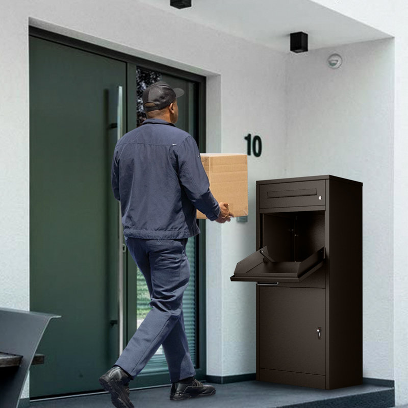Boîte de dépôt de colis verrouillable de 120 cm avec fente pour le courrier, autoportante, marron