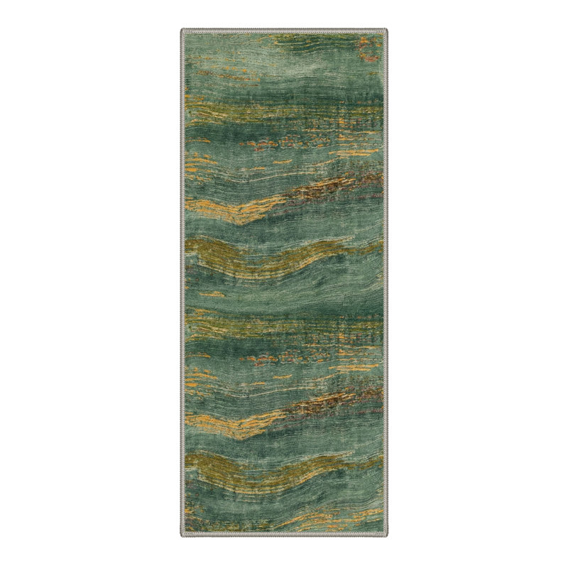 Abstract Brush Machine Washable Non-Slip Gold Green Indoor Area Rug, Gold/Green, Runner 2'6" x 8'