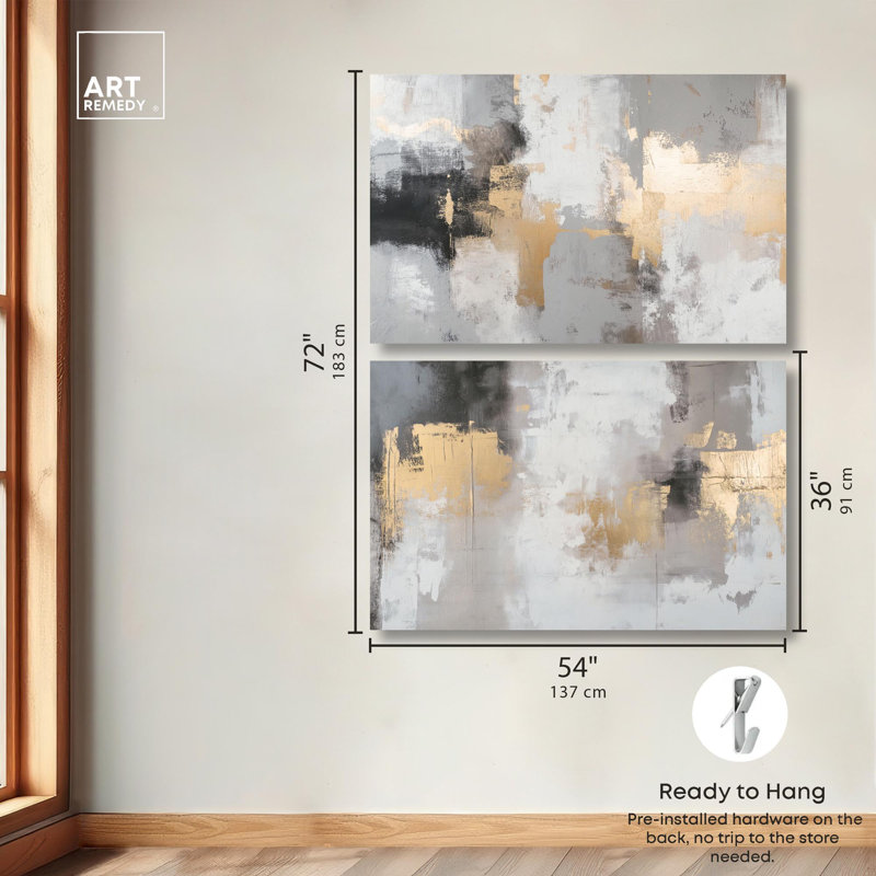 «Neutral Luxe Harmony», ensemble de 2 reproductions d'art sur toile abstraites par Art Remedy, tendues dans une galerie, 54 x 36