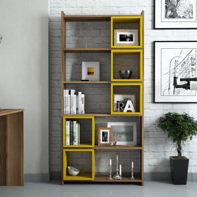 Modern Walnut & Yellow Bookshelf, 31.5 x 67.0 x 8.7 inches | 100% Melamine Coated Particle Board, Thickness: 0.7 inches | Numerous Shelves, Wall-Mountable Design, Stylish Storage Solution for Home & Office