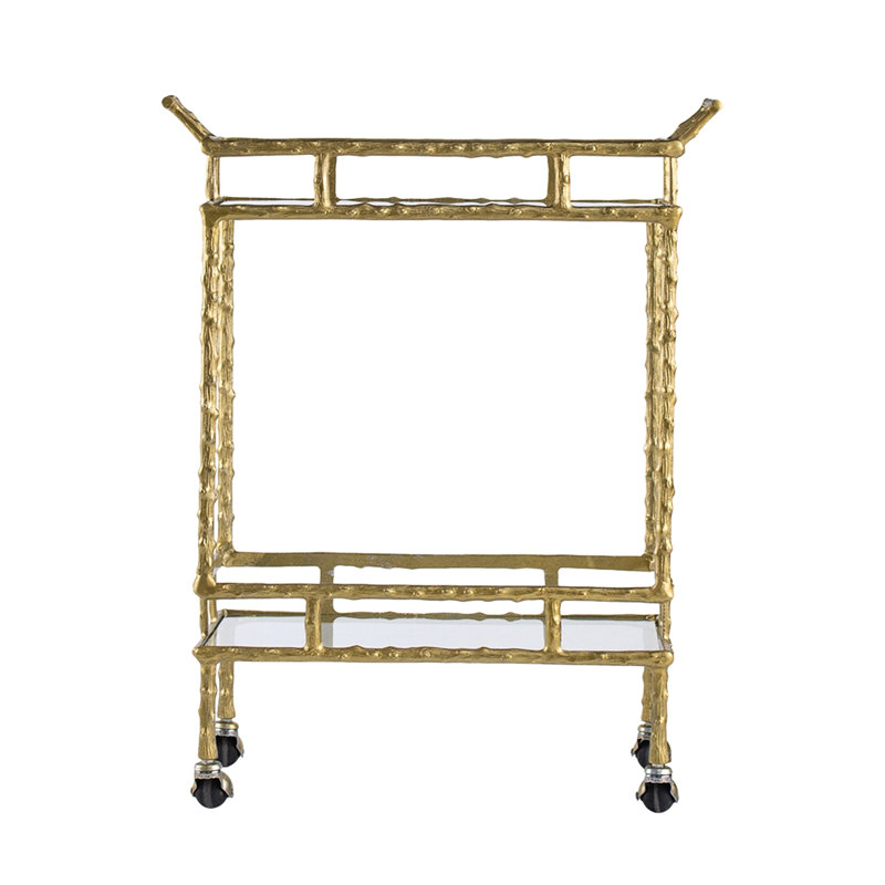 Chariot-bar à deux niveaux en aluminium antique et verre avec poignées à tablettes, parfait pour le divertissement à domicile