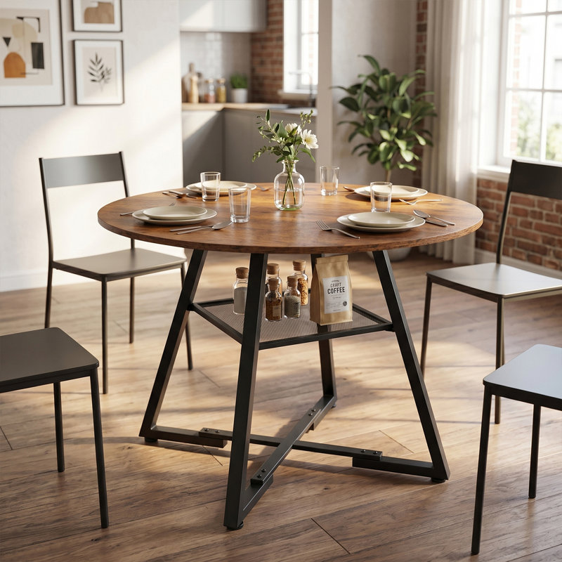 Industrial Round Dining Table with Cross Legs for 4 People, Fixed Kitchen Table with Mesh Storage Shelf, Small Space Round Dining Table