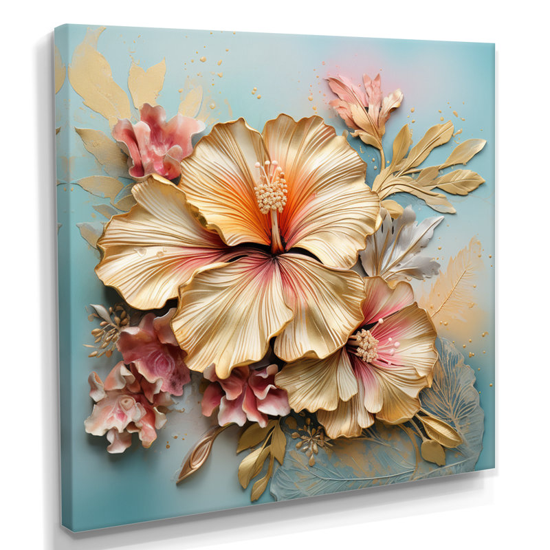 Hibiscus doré fleur tropicale sur bleu rétro - Hibiscus Wall Art Living Room, Toile tendue, H 16 po x l 16 po