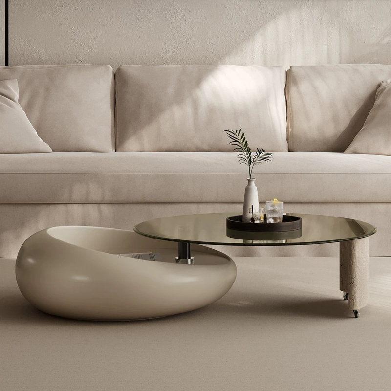 Table basse moderne: panneau de fibres à densité moyenne avec finition cuite, verre trempé gris et roulettes rotatives