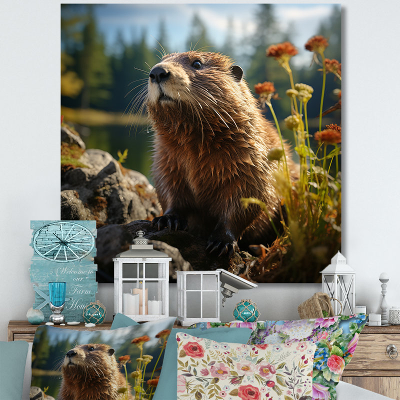 Représentant un castor dans les bois - reproduction sur toile, Toile tendue, H 16 po x l 16 po x P 1 po