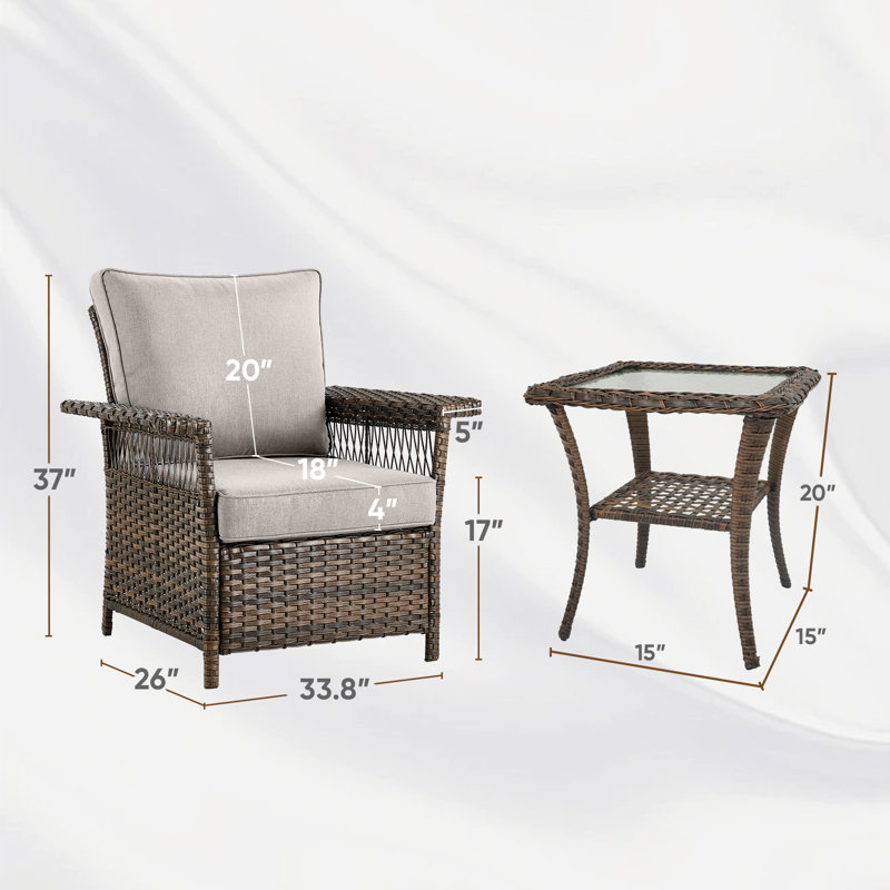 Chaises d'extérieur en osier avec coussin et table d'appoint Anferney, Beige