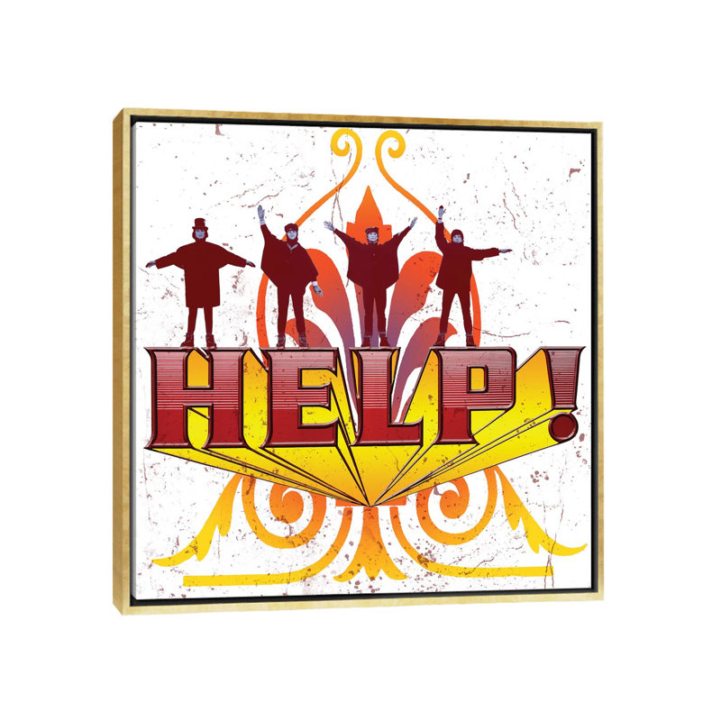 Fab 4 Help! - Advertisements Print, 18" H x 18" W x 1.5" D, Gold Framed Canvas, No Matte