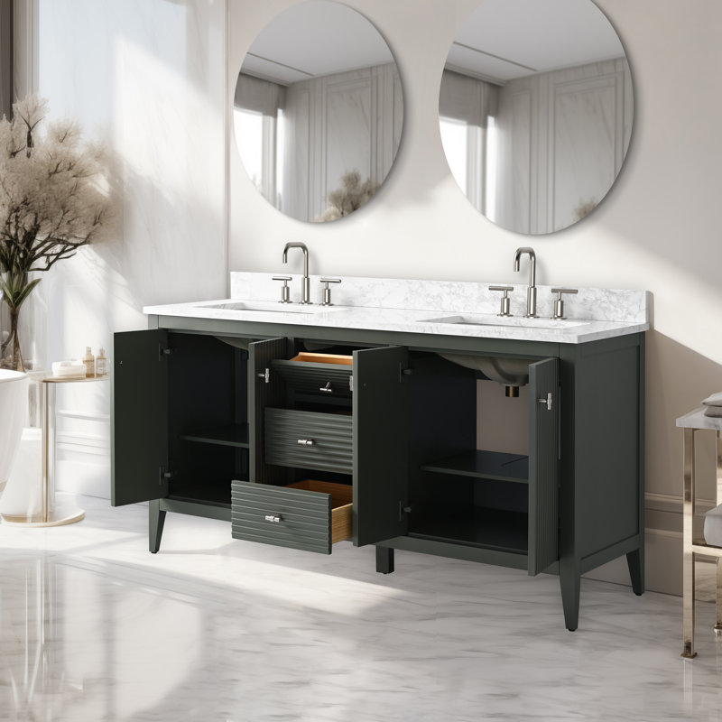 Ensemble de meuble-lavabo double 60 po, Nickel brossé, Linéaire vert rétro