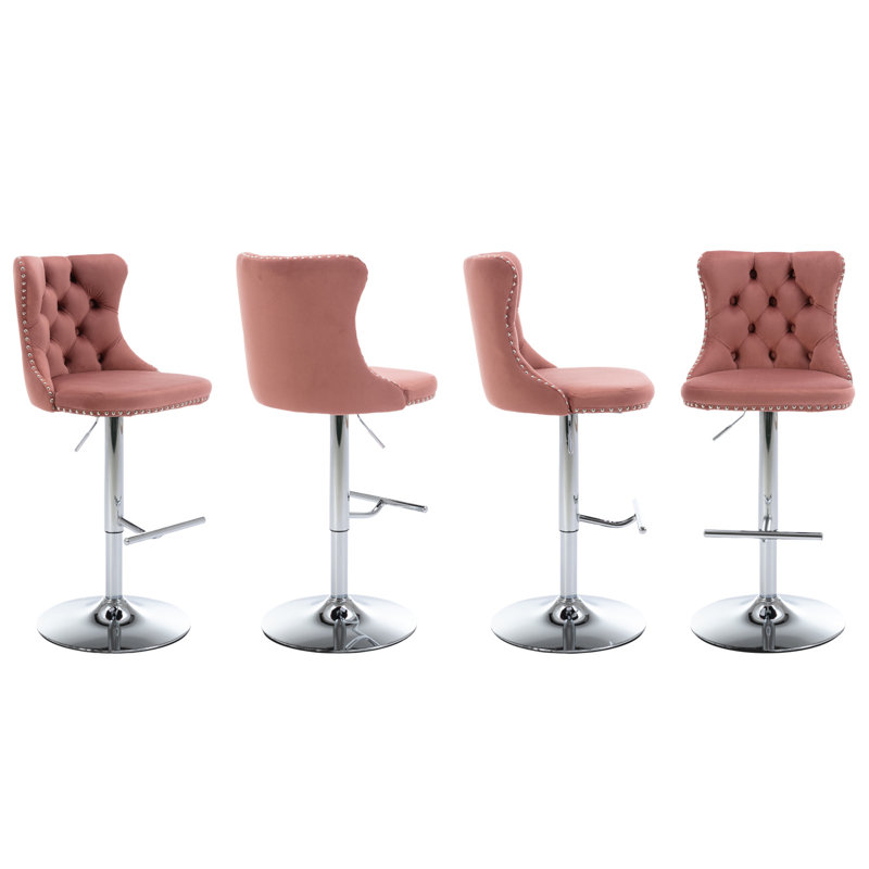 360°Swivel Adjustable Counter Height Bar Stools, 4, Pink, Sliver