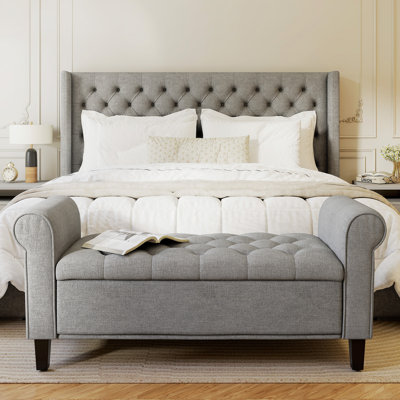 50 Inches Storage Ottoman, End Of Bed Bench With Rolled Arms, Wood Legs, Button Tufted Storage Bench, Gray