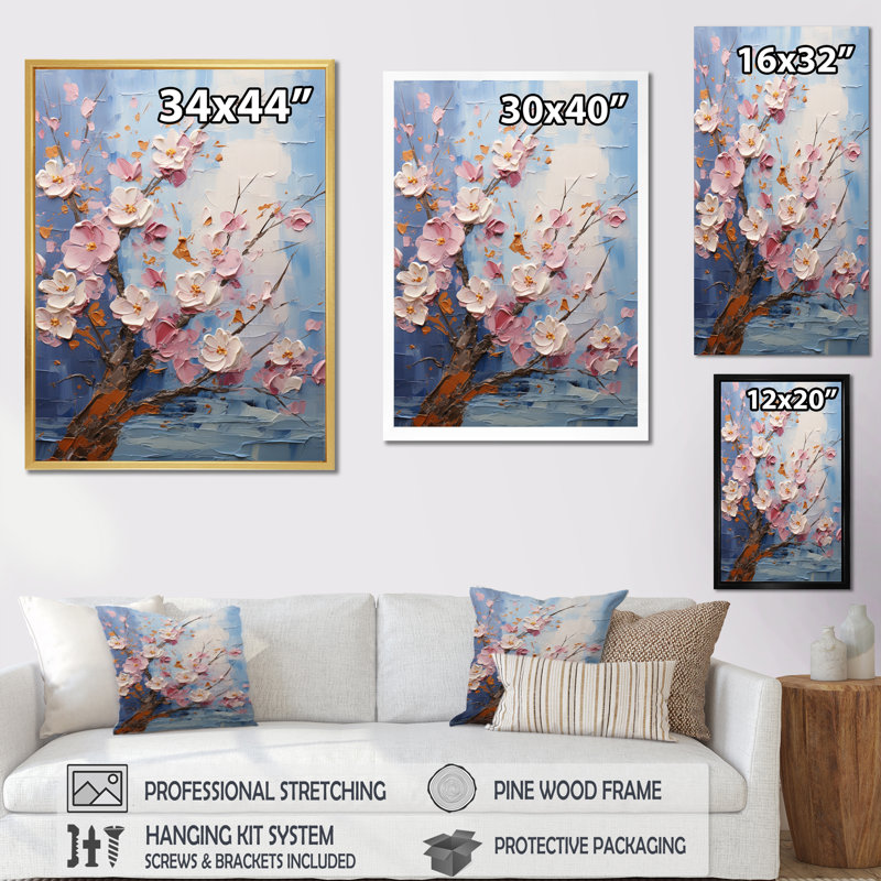 «Toki Asian Art Sakura Serenity I», reproduction sur toile, H 32 po x l 24 po x P 1 po, Cadre flottant blanc