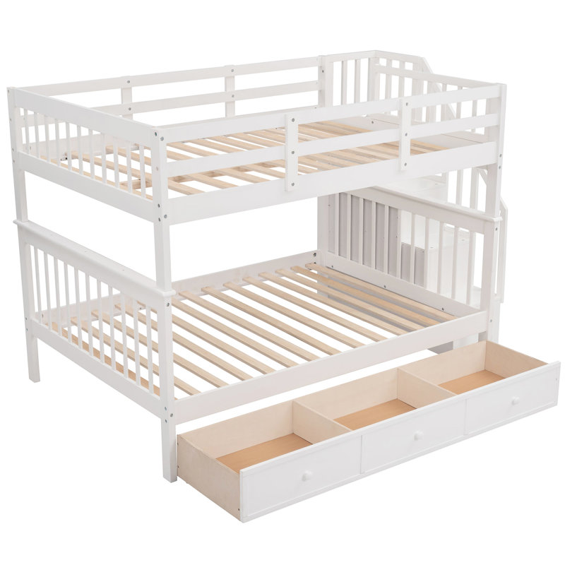 Lit superposé au-dessus de l'escalier blanc, solution de rangement pour la chambre à coucher, lits superposés, accès sécuritaire, garde-corps, fabrication en bois massif