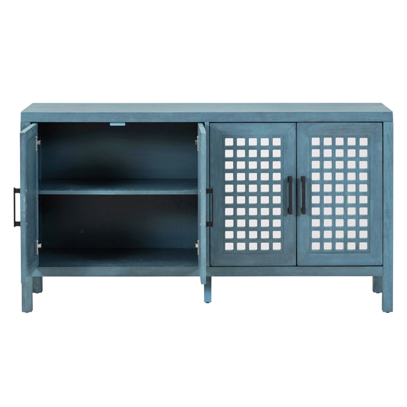 Roanna Retro Mirrored Sideboard with Closed Grain Pattern, Antique Blue
