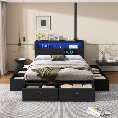 Queen Size Bed Frame With Two-Tier Storage LED Light Headboard And Built-In Charging Station