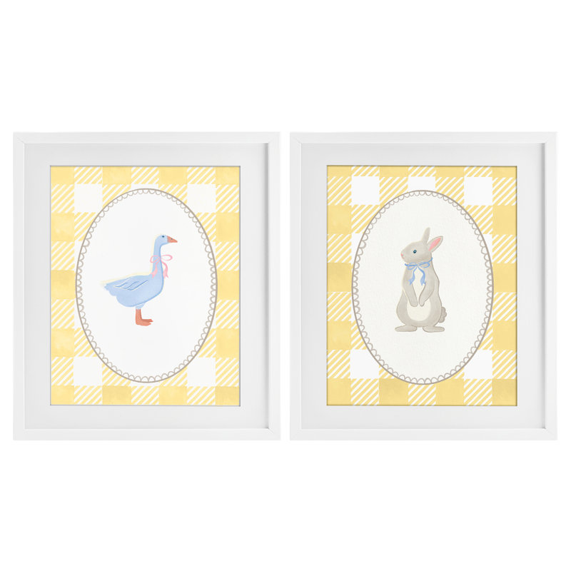 Goose & Bunny Yellow Gingham, ensemble de 2 reproductions encadrées sous verre, Cadre blanc côtier, H 21 po x l 17 po