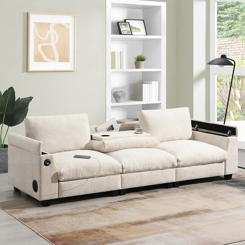 Sectional Sofa with Bluetooth Speaker, Comfy Cloud Couch Set with Drop Down Table, Cup Holders, USB Charger, Beige Chenille