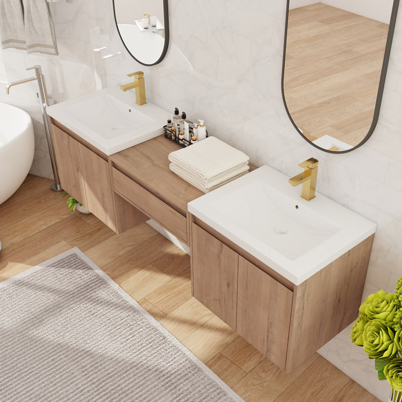 Meuble-lavabo mural double 72 po avec lavabo en résine, meuble-lavabo flottant 72 po avec 4 portes et 1 tiroir