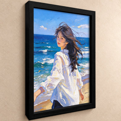 Femme marchant sur la plage, art mural sur toile noir