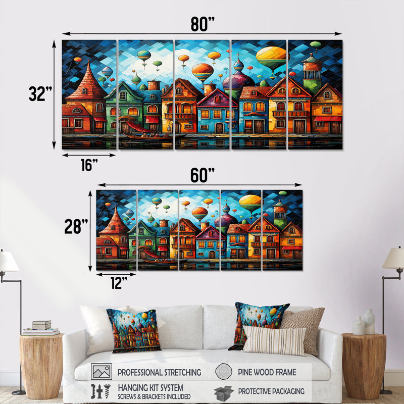 Fantasy Art Ballon Village I - Montgolfière, art mural 5 pièces, H 28 po x l 60 po