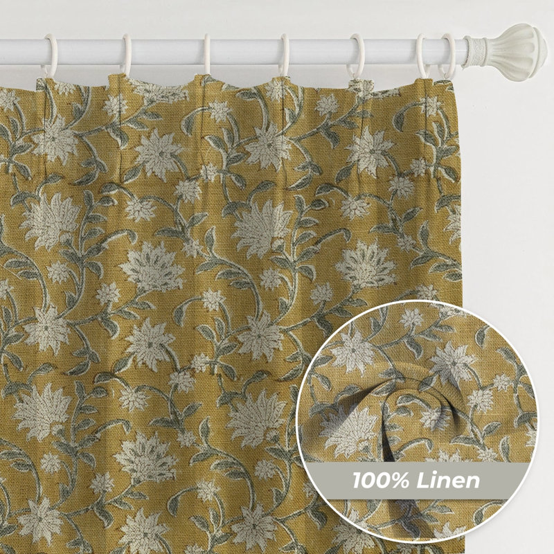 Fabdivine Elegant Pinch Pleated Thick Linen Floral Block Print Curtains, Brown and Gray 27x89 Inches, Farmohouse Two-Side Panel Offices and Patios Blackout Room Darkening Drapes, Aradhna