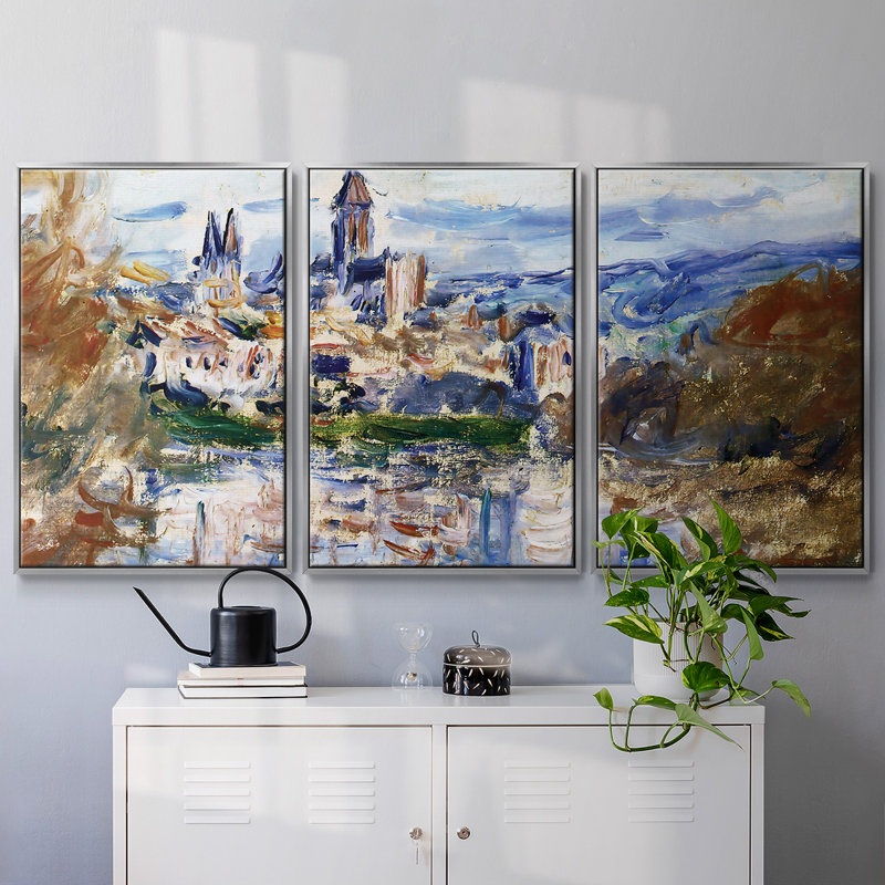 The Village Of Vetheuil, reproduction d'art sur toile 3 pièces, Encadrement argenté, H 24 po x l 48 po