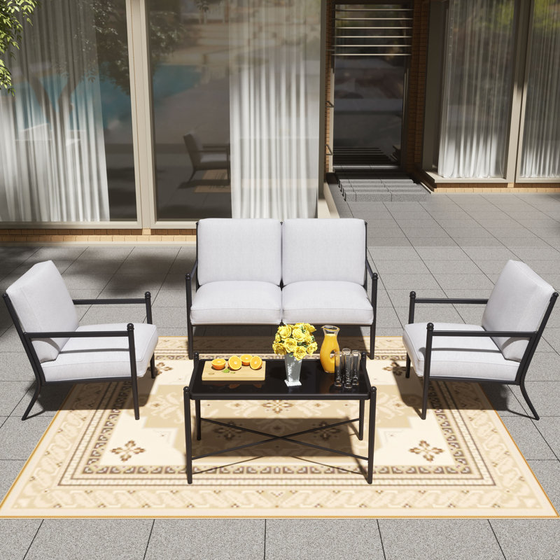 4-Person Steel Seating Group With Glass Table, White